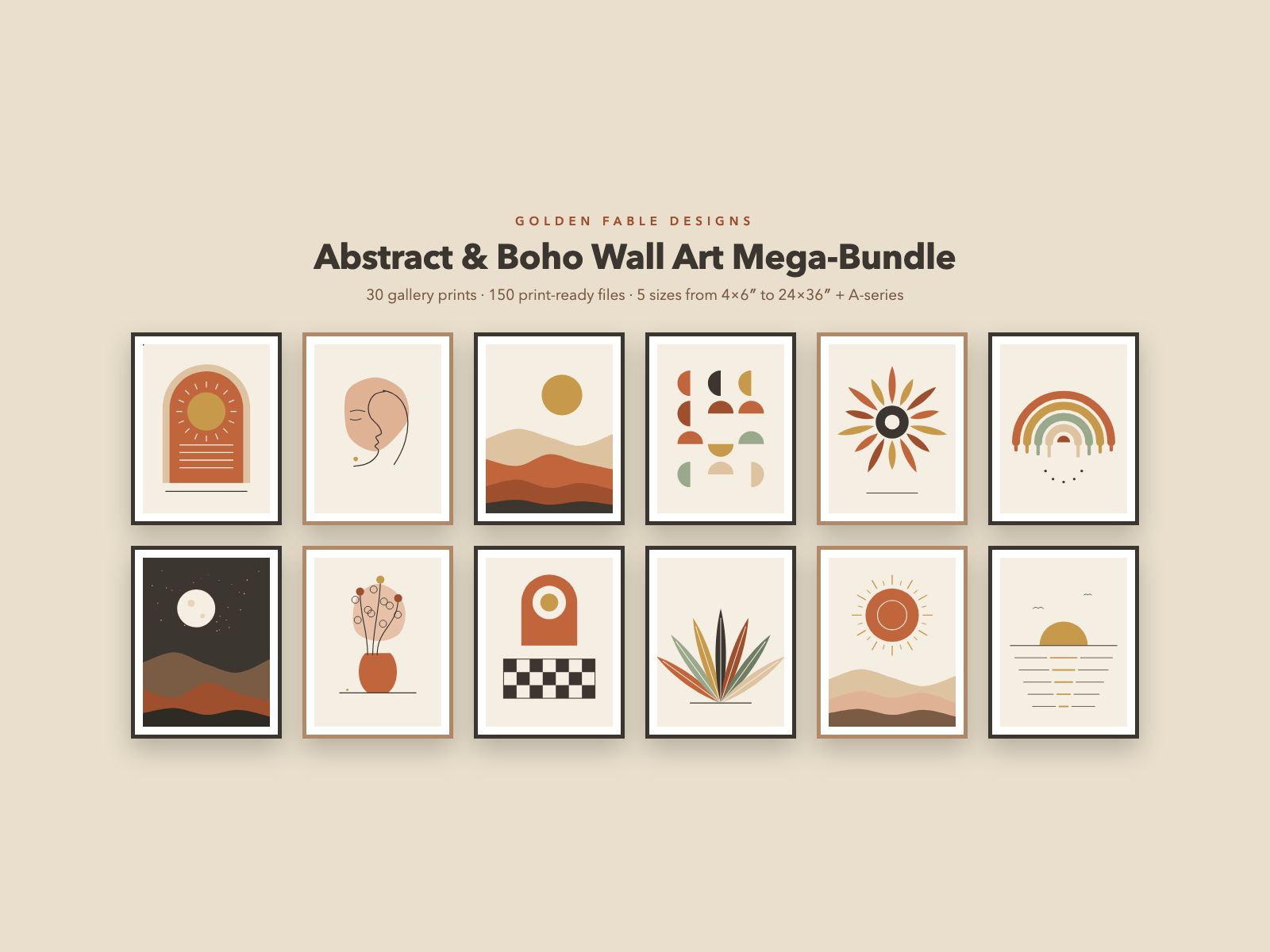 Collage of 12 framed boho and abstract art prints from the bundle